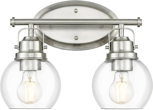 Bathroom Light Fixtures, 2-Light 14" Brushed Nickel Vanity Lights with Clear Globe Glass Shades, Farmhouse Vintage Vanity Lighting Fixtures Over Mirror, E26 Base, AD-2147-2W-SN
