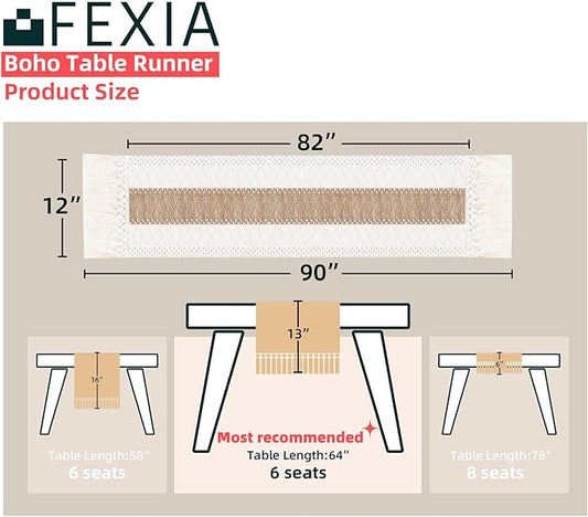 Fexia Boho Table Runner for Christmas Thanksgiving Home Decor with Tassels 90 Inch Cream & Brown Macrame Runner for Dining & Bedroom Baby Bridal Shower Decor(12x90 Inches)