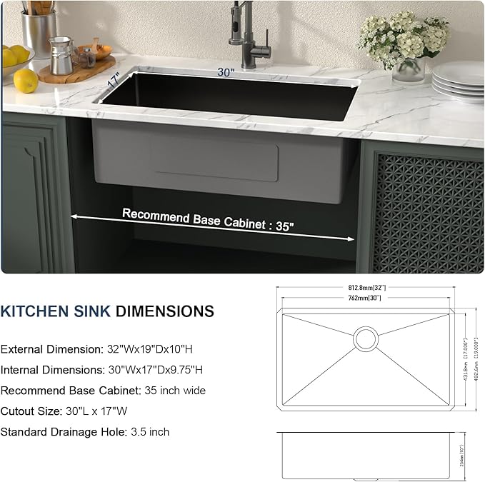 Lordear 32 Black Kitchen Sink Undermount 32x19x10 Inch Gunmetal Black 16 Gauge Stainless Steel Single Under Counter Rectangular Handmade Sinks Basin