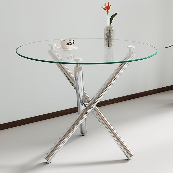 Pvillez 36“ Round Dining Table for 4, Contemporary Tempered Glass Dining Table, Small Dinner Table with Silver Cross Metal Base, Round Clear Kitchen Table Writing Desk for Dining Kitchen
