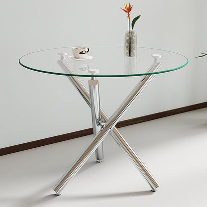 Pvillez 36“ Round Dining Table for 4, Contemporary Tempered Glass Dining Table, Small Dinner Table with Silver Cross Metal Base, Round Clear Kitchen Table Writing Desk for Dining Kitchen