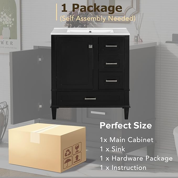 GDFStudio 30" Bathroom Vanity Sink Combo with 3 Drawers & 1 Soft Closing Door Floor Mount Freestanding Wood Bathroom Storage Cabinet Set with Ceramic Basin Sink Top for Small Bathroom Space, Black