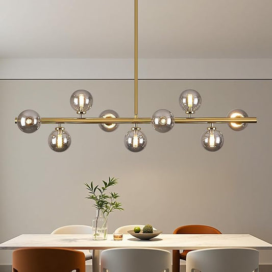 Mid Century Modern Globe Sputnik Chandelier, 9-Light Linear Chandeliers for Dining Room and Kitchen Island, Dining Light Fixture Over Table, Brass Gold and Smoke Grey Glass Bubble, 40 Inch