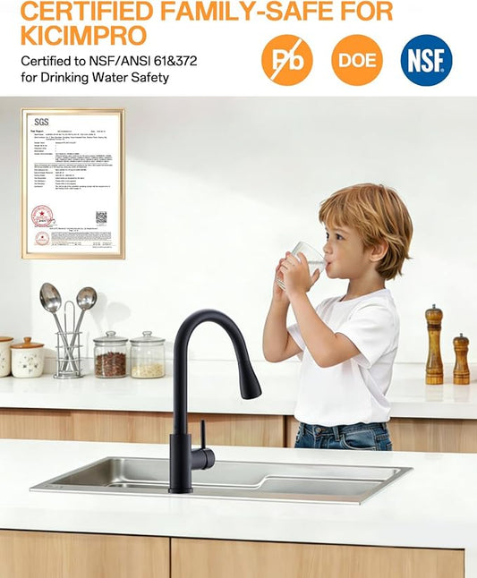 Kicimpro Matte Black Kitchen Faucet with Pull Down Sprayer, 304 Stainless Steel, 23-Inch Extended Hose Design, Three Water Functional Ways, Easy Installation