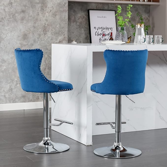 LUMISOL 2 Piece Swivel Velvet Bar Stools, Modern Upholstered Chrome Base Bar Stools with Backs Comfortable Tufted for Home Pub and Kitchen Island, Adjustable Seat Height from 25”-33”, Blue+Silver