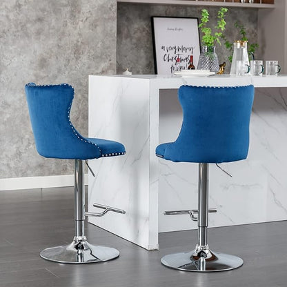 LUMISOL 2 Piece Swivel Velvet Bar Stools, Modern Upholstered Chrome Base Bar Stools with Backs Comfortable Tufted for Home Pub and Kitchen Island, Adjustable Seat Height from 25”-33”, Blue+Silver