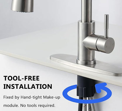 Comllen Kitchen Faucet with Pull Down Sprayers, Brushed Nickel Kitchen Faucets, Modern Pull Out Stainless Steel Kitchen Sink Faucet Single Handle Faucet Swivel Spout with Deck Plate