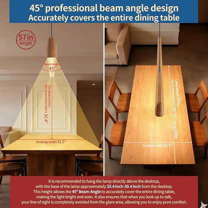Wood Linear Pendant Light, Dimmable Kitchen Island Lighting with Remote, 35W LED Island Lights for Kitchen, Adjustable Linear Chandelier for Dinning Room Light Fixture (Natural Ash, 57inch)