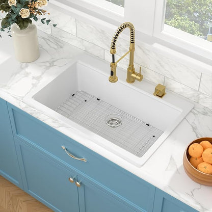 Sarlai 33 Granite Composite Kitchen Sink - 33 x22 Inch Granite Drop In Kitchen Sink Topmount Ledge Workstation White Sinks Quartz Classic Above Counter Single Bowl Basin With Accessories
