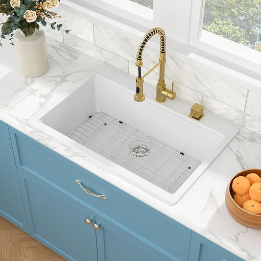 Sarlai 33 Granite Composite Kitchen Sink - 33 x22 Inch Granite Drop In Kitchen Sink Topmount Ledge Workstation White Sinks Quartz Classic Above Counter Single Bowl Basin With Accessories