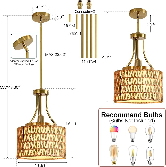 11.8" Modern Boho Rattan Gold Pendant Light Adjustable Rod Vintage Farmhouse Drum Fabric Pendant Light Fixture Woven Bamboo Wicker Pendant Lights for Kitchen Island, Dining Room, Bedroom