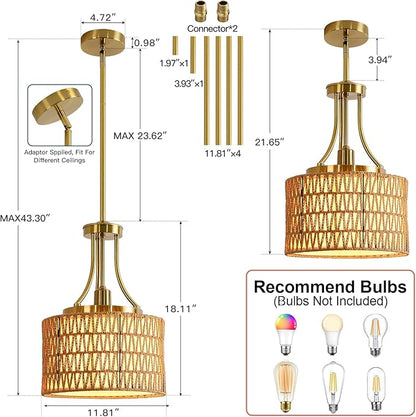 11.8" Modern Boho Rattan Gold Pendant Light Adjustable Rod Vintage Farmhouse Drum Fabric Pendant Light Fixture Woven Bamboo Wicker Pendant Lights for Kitchen Island, Dining Room, Bedroom