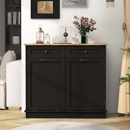 Giantex Tilt Out Trash Can Cabinet, Kitchen Island Table w/RubberWood Top, 2 Drawers, Adjustable Shelf for Hidden Laundry Hamper, Pet Proof Garbage Can for Dining Living Room (Brown, 15.5 Gal)