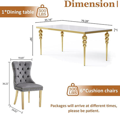 7 Piece Glass Dining Table Set, Modern 70 Inch Gold Rectangular Glass Kitchen Table, 6 Gray Exquisite Velvet Cushion Chairs for Living Room, Restaurant (White-Top)