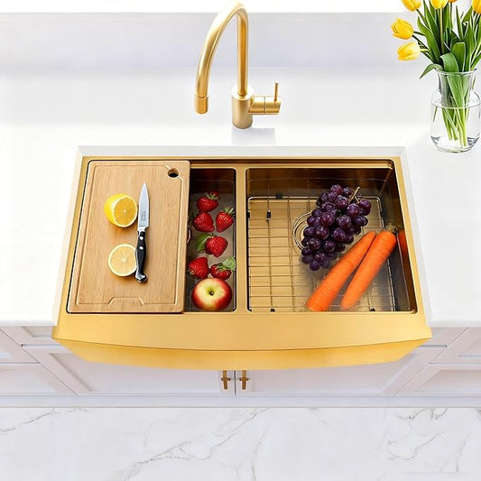 Gold Double Farmhouse kitchen Sink,16-Gauge SUS304 Stainless Steel Farm Sinks, 50/50 Apron Front Features Workstaion Sink With Accessories,33''×20''×10" Large and Deep Double Kitchen Sinks