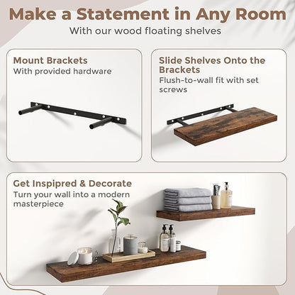 24 Inch Floating Shelves for Wall Set of 2, 8"D Wood Grain Bathroom Shelves with Invisible Brackets, Easy Install Engineered Wood Storage Shelves for Kitchen, Living Room, Bedroom, Rustic Brown Finish