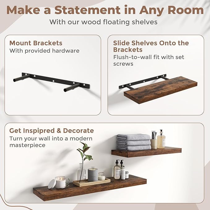30 Inch Floating Shelves for Wall Set of 2, 8"D Wood Grain Bathroom Shelves with Invisible Brackets, Easy Install Engineered Wood Storage Shelves for Kitchen, Living Room, Bedroom, Rustic Brown Finish
