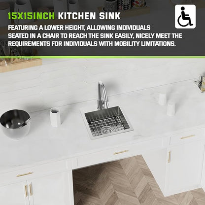 15x15 Inch Stainless Steel Small Kitchen Sink-5.5 Inch Low Height Design Single Bowl Drop In Topmount Small Kitchen And Bar Sink Ensure Individuals With Limited Mobility Easily Accessing And Using