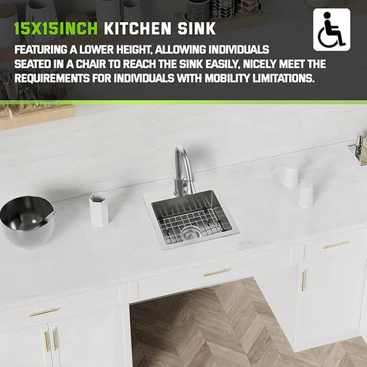15x15 Inch Stainless Steel Small Kitchen Sink-5.5 Inch Low Height Design Single Bowl Drop In Topmount Small Kitchen And Bar Sink Ensure Individuals With Limited Mobility Easily Accessing And Using