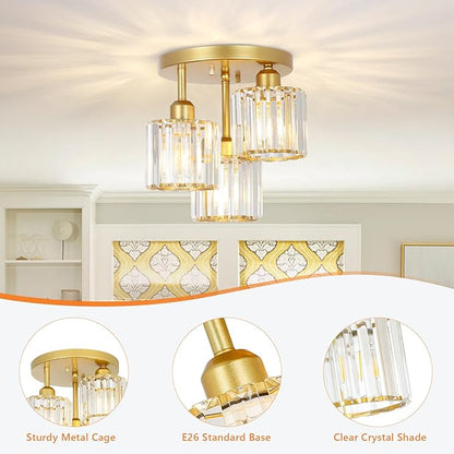 PAUFUL Modern Semi Flush Mount Ceiling Light,3-Light Golden Crystal Close to Ceiling Light Fixtures,Kitchen Light Fixtures with Clear Crystal Shade,Hallway Light Fixtures for Hallway Bedroom Bathroom