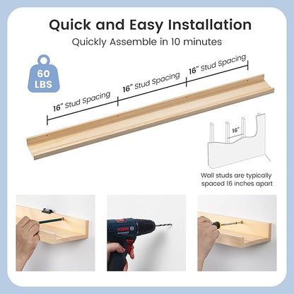 FLYJOE Picture Ledge Shelf, Floating Shelves Set of 2, Solid Ash Wood 56'' Long Large Nursery Book Shelves for Toys Storage, Kids Bookshelf for Living Room Bedroom Decor Books Photo Frames, Natural