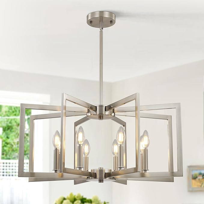 Sigaitwei 8-Light Large Brushed Nickel Chandeliers for Dining Room，Modern Industrial Pendant Lights Kitchen Island，Farmhouse Entryway Light Fixtures，Metal Geometric Chandelier for Living Room