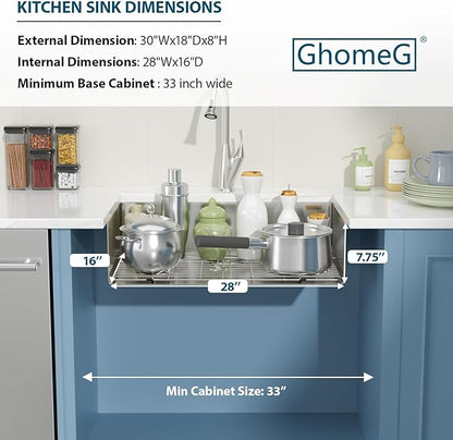 30 Undermount Kitchen Sink 30"x18"x8" Single Bowl 16 Gauge Stainless Steel Under Counter Single Bowl Kitchen Sinks Basin with Drain Strainer