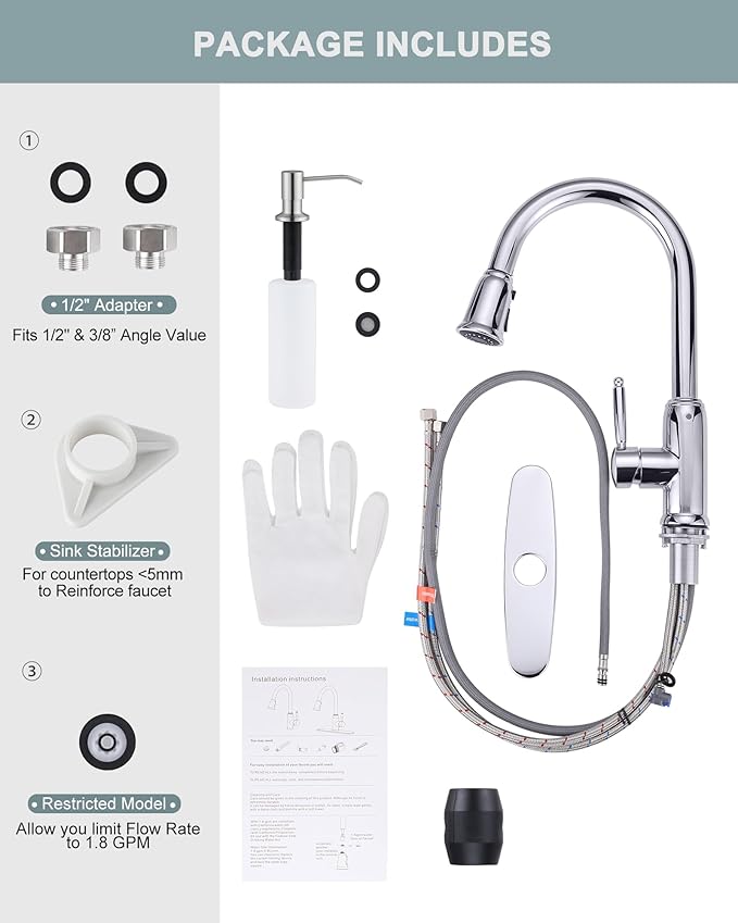 Chrome Kitchen Faucet with Soap Dispenser, WOWOW Stainless Steel Kitchen Faucet for Sink 2 or 4 Hole, High Arc Vintage Kitchen Sink Faucet with Pull Down Sprayer