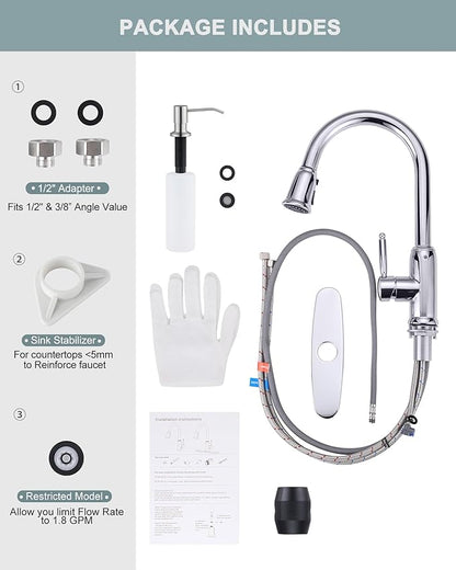 Chrome Kitchen Faucet with Soap Dispenser, WOWOW Stainless Steel Kitchen Faucet for Sink 2 or 4 Hole, High Arc Vintage Kitchen Sink Faucet with Pull Down Sprayer