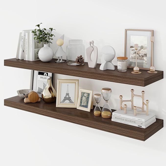 Acovy 40 Inch Floating Shelves, 9.3" Deep Floating Shelf Wall Mounted, 40" Wall Shelves, Rustic Deep Bookshelf, Large Display Shelves & Storage Shelves for Bedroom, Living Room, Walnut, Set of 2