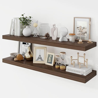 Acovy 40 Inch Floating Shelves, 9.3" Deep Floating Shelf Wall Mounted, 40" Wall Shelves, Rustic Deep Bookshelf, Large Display Shelves & Storage Shelves for Bedroom, Living Room, Walnut, Set of 2