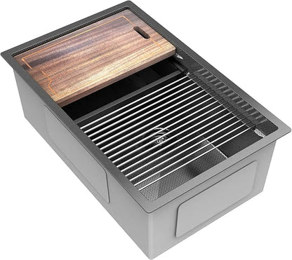 30inch Kitchen Sink Undermount Metal Black - Feibus 30x19x10 with Double Step Workstation 16 Gauge Honeycomb Embossment Stainless Steel Single Bowl