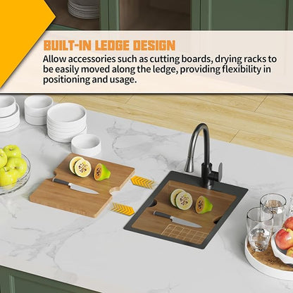 Black 15x20In Kitchen&Bar Workstation Sink- Small Stainless Steel Drop In Single Bowl Bar Sink Built-in Ledge Topmount Workstation Sink With Accessory-SS Grid Cutting Board,Silicon Mat,Drain Assembly