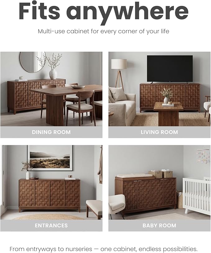 MALOL Sideboard Buffet Cabinet with Storage, Modern 4-Door Buffet Table with 3D Checkerboard Doors & Solid Wood Legs, Large Coffee Bar Cabinet for Dining Room, Living Room, Entryway, Walnut