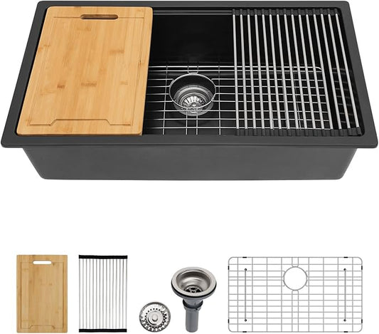 28 Granite Composite Kitchen Sink - 28x19 Inch Black Granite Kitchen Sink Undermount Black Quartz Sinks Ledge Workstation Classic Under Counter Single Bowl Basin