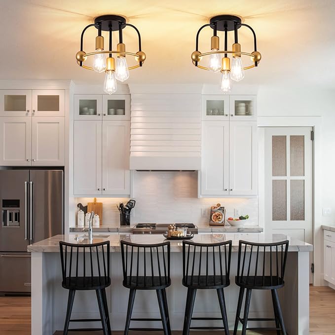 3 Light Industrial Ceiling Light Black Gold Semi Flush Mount Lights Close to Ceiling Light Fixtures,cage design Farmhouse Ceiling Lighting for Kitchen Bedroom Bathroom Foyer Hallway (E26, 1Pack)