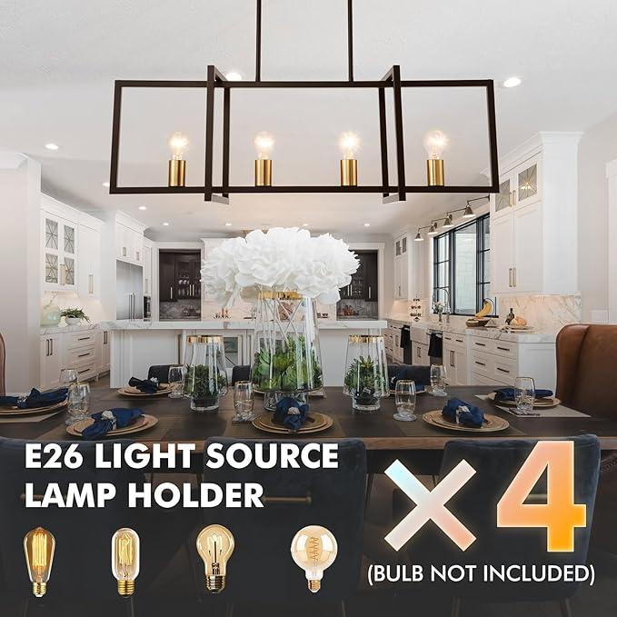 Modern Black Farmhouse Chandeliers Dining Room Light Fixture, Linear Rectangular Kitchen Island Lighting, Industrial Vintage Pendant Lighting with 4-Light Socket Height Adjustable