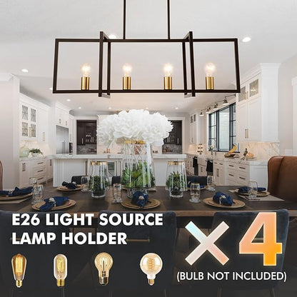 Modern Black Farmhouse Chandeliers Dining Room Light Fixture, Linear Rectangular Kitchen Island Lighting, Industrial Vintage Pendant Lighting with 4-Light Socket Height Adjustable