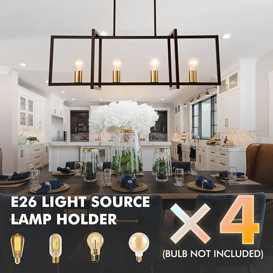 Modern Black Farmhouse Chandeliers Dining Room Light Fixture, Linear Rectangular Kitchen Island Lighting, Industrial Vintage Pendant Lighting with 4-Light Socket Height Adjustable
