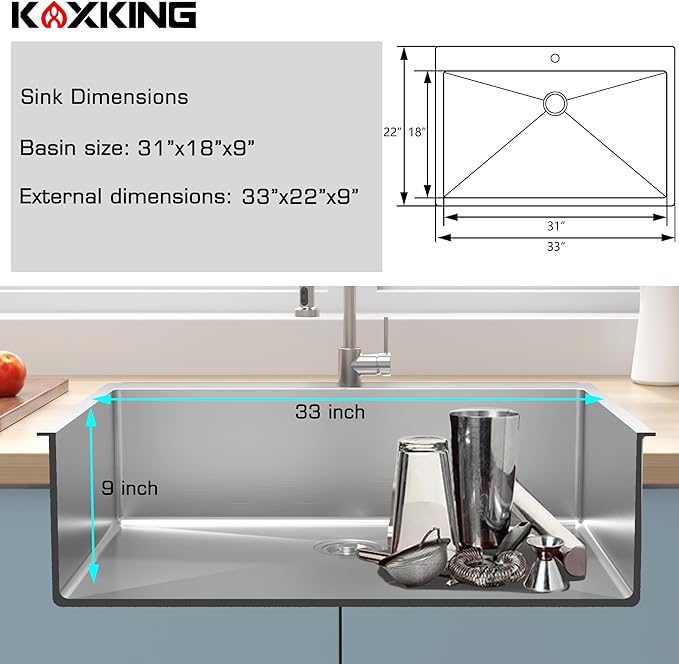 33x22 Drop In Kitchen Sink, 18 Gauge T304 Stainless Steel Top Mount Single Bowl, 9 Inch Deep Basin with Bottom Grid & Drain Assembly, Rust-Proof Brushed Nickel