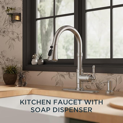 FORIOUS Vintage Kitchen Faucet with Soap Dispenser and Pull Down Sprayer, Brushed Nickel High Arc Single Handle Stainless Steel Classic Sink Faucet for Farmhouse Camper Rv Bar, Fit for 1 or 3 Hole