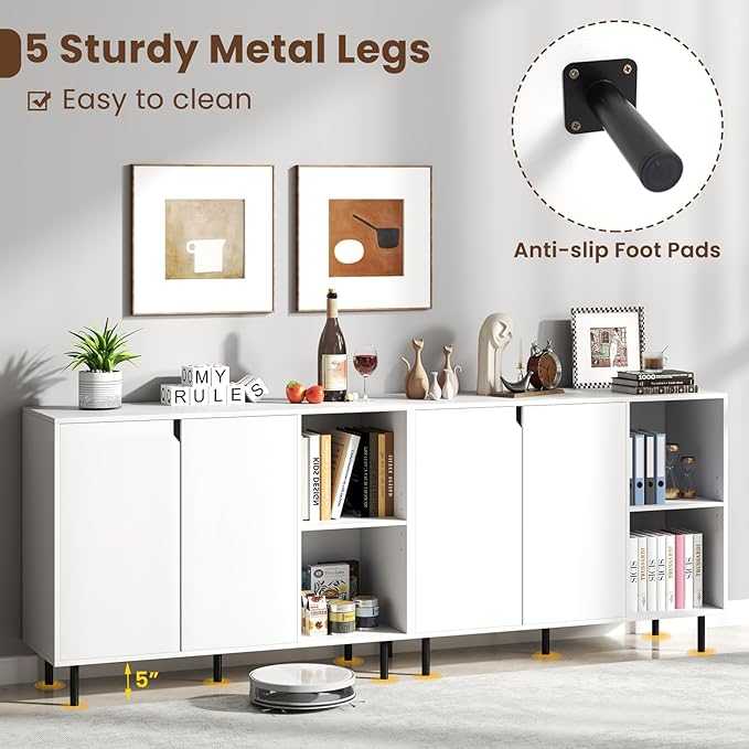 LOKO Kitchen Buffet Cabinet with Storage, Modern Storage Island with Adjustable Shelves, 2 Doors, Sturdy Metal Legs, Coffee Bar Cabinet, Perfect for Living Room, White