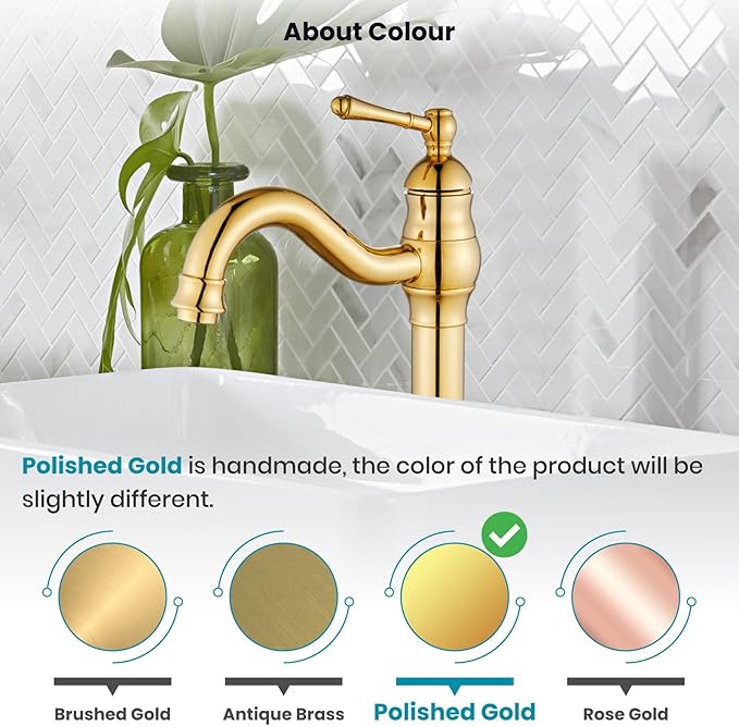gotonovo Vessel Sink Faucet 360° Swivel Spout Single Handle Tall Bathroom Faucet 1 Hole Farmhouse Lavatory Washbasin Mixer Tap Matching Supply Hoses, with Pop Up Drain, Polish Gold