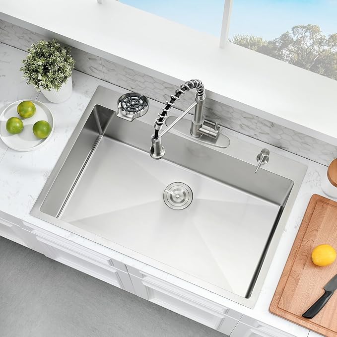 30 Inch Drop In Kitchen Sink with Faucet Combo - Stainless Steel Drop In Sink with Cup Washer, 9 Inch Deep Single Bowl Kitchen Sinks and Faucets Combo Set,Top Mount Design for Modern Kitchens