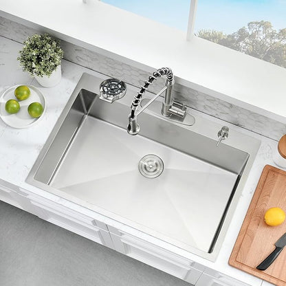 30 Inch Drop In Kitchen Sink with Faucet Combo - Stainless Steel Drop In Sink with Cup Washer, 9 Inch Deep Single Bowl Kitchen Sinks and Faucets Combo Set,Top Mount Design for Modern Kitchens