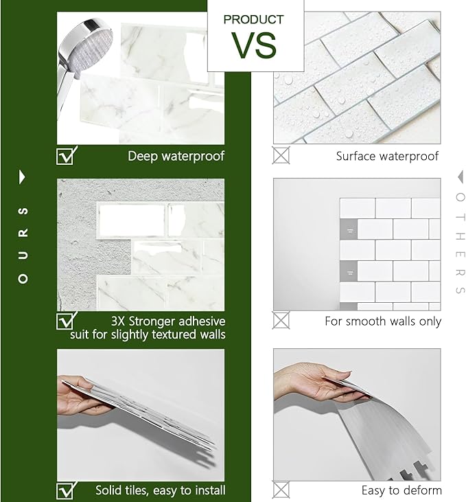 STICKGOO 10-Sheet Subway Tile Peel and Stick Backsplash, Self Adhesive Vinyl Wall Tiles, Stick on Backsplash for Kitchen and Bathroom(Thicker Design)