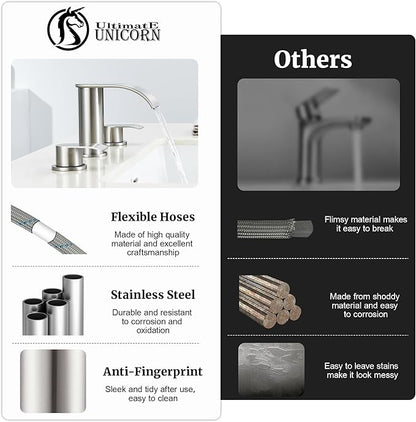 Ultimate Unicorn 8 inch Bathroom Faucet Brushed Nickel, Waterfall Bathroom Faucet with Metal Pop-up Sink Drain Stopper and 2 Supply Hoses,2 Handle Widespread Faucets for Vanity Sink 3 Holes