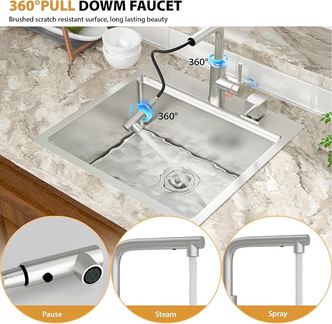 Mocoloo 21 Inch Bar Sink with Faucet, 16 Gauge Drop in Workstation Sink - 21x20x9" Stainless Steel Single Bowl Small Kitchen Sink with Pull-Out Faucet