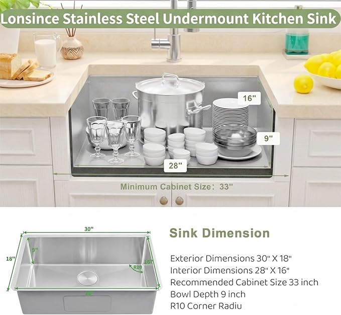 Undermount Kitchen Sink 30 X 18 inch,Single Bowl 16 Gauge Stainless Steel Undermount Kitchen Sinks
