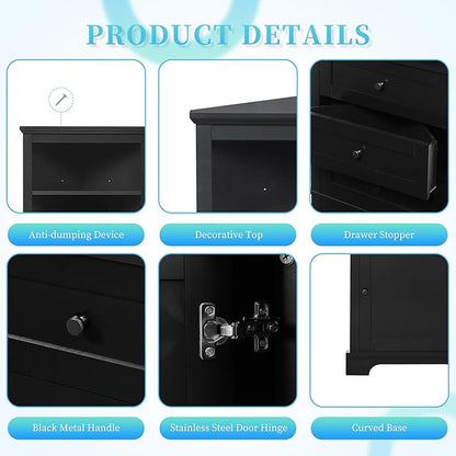 Storage Corner Cabinet with 3 Drawers and Door, Tall Line Pantry Home Space Saver for Bathroom, Living Room, Kitchen, Adjustable Shelf, Black